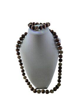 J.Crew Vintage Wood Bread Gold Crystal Ball Necklace Stretch Bracelet Set Unique